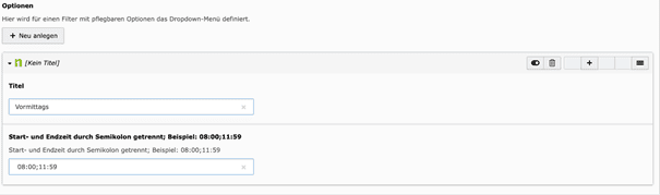 The image displays a user interface with a dropdown menu for creating a filter with selectable options, including a section for specifying start and end times separated by a semicolon.
KI-generierte Inhalte können fehlerhaft sein.