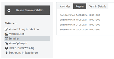 The image displays a calendar interface with various dates marked for single appointments, including 14th, 18th, 21st, and 25th of August 2026, and additional actions such as editing events and experience assignments.
KI-generierte Inhalte können fehlerhaft sein.